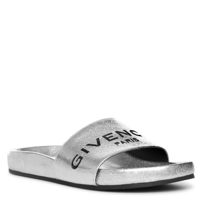 Shop Givenchy Metallic Silver Leather Pool Slides