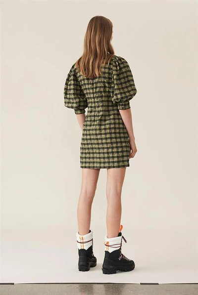 Shop Ganni Seersucker Check Mini Dress In Yellow