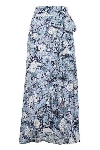 Shop Ganni Printed Georgette Wrap Skirt In Blue