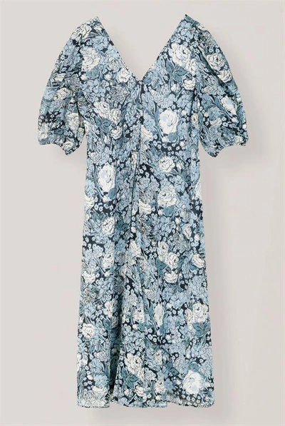 Shop Ganni Printed Georgette Puff Sleeve Dress In Blue