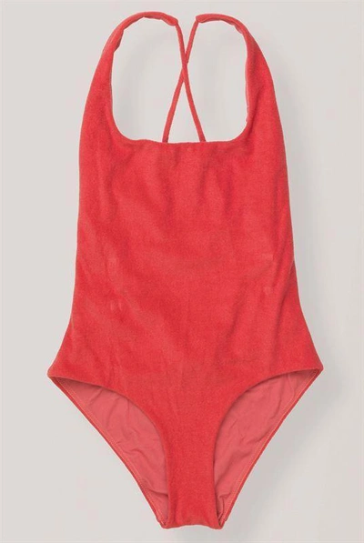 Shop Ganni Terrycloth Swimwear String Swimsuit In Red