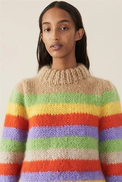 Shop Ganni Hand Knit Wool Multicolour Puff Pullover