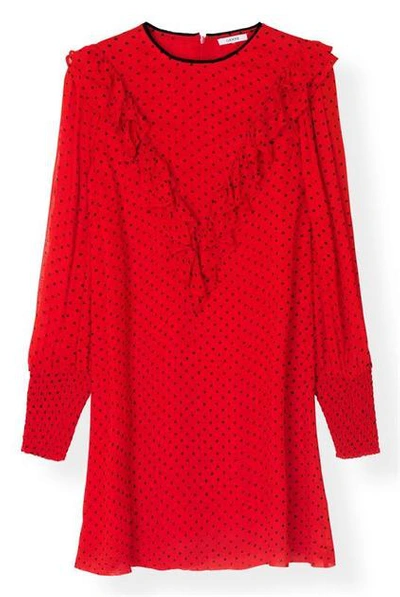 Shop Ganni Printed Georgette Mini Dress Fiery Red