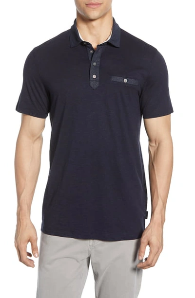 Shop Ted Baker Geo Collar Slim Fit Solid Polo In Navy
