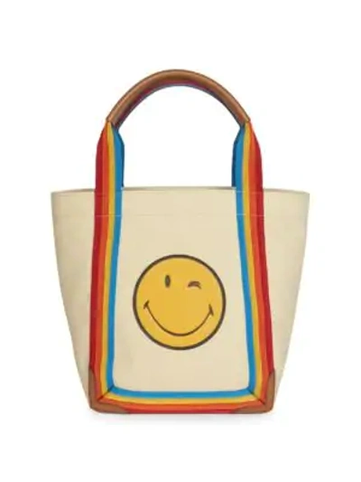 Shop Anya Hindmarch Small Smiley Face Canvas Tote In Stone