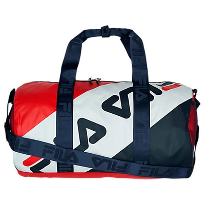 Shop Fila Bexley Barrel Duffel Bag In White / Blue / Red