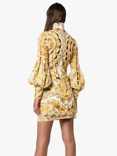 Shop Zimmermann Zippy Balloon Sleeve Cotton Linen Mini Dress In Golden Paisley