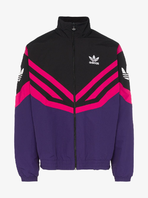 black adidas jacket with purple stripes