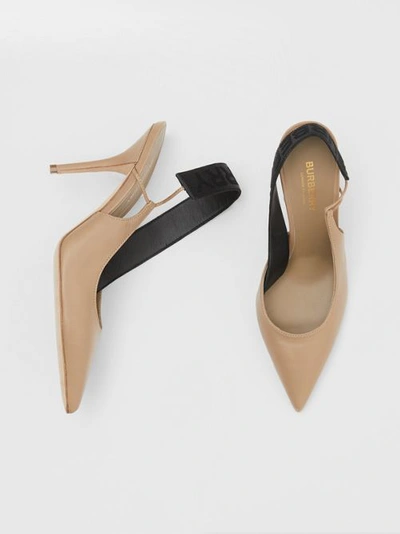 Shop Burberry Logo Detail Lambskin Slingback Pumps In Dark Honey