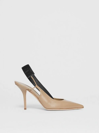 Shop Burberry Logo Detail Lambskin Slingback Pumps In Dark Honey