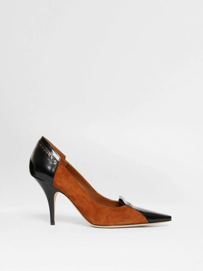 Shop Burberry Brogue Detail Two-tone Suede And Leather Pumps In Tan