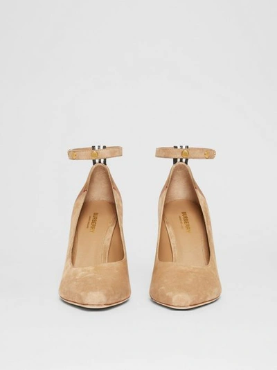 Shop Burberry Triple Stud Stripe Detail Suede Point-toe Pumps In Tawny