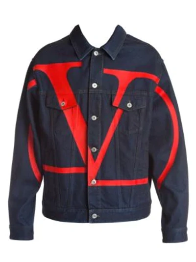 Shop Valentino Large Logo Denim Jacket In Navy Red