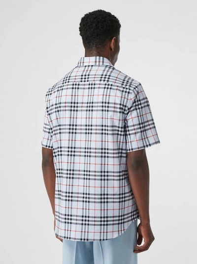 Shop Burberry Short-sleeve Vintage Check Cotton Oversized Shirt In Pale Blue