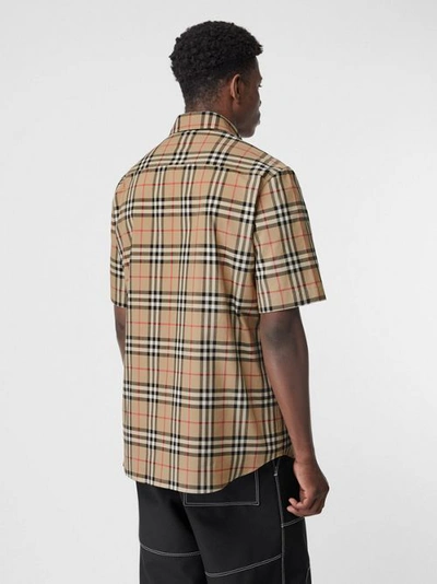 Shop Burberry Short-sleeve Vintage Check Cotton Oversized Shirt In Archive Beige