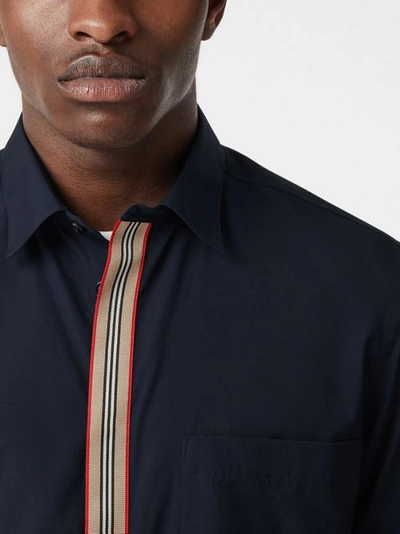Shop Burberry Icon Stripe Detail Stretch Cotton Poplin Shirt In Navy