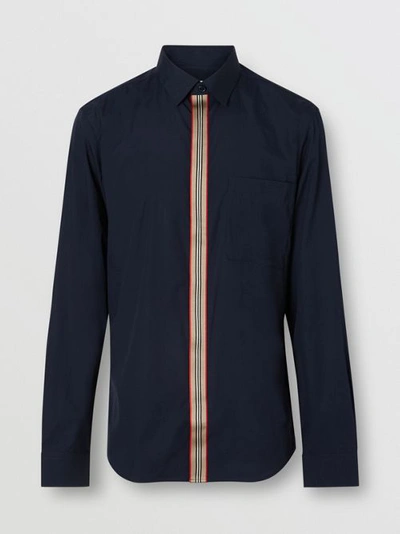 Shop Burberry Icon Stripe Detail Stretch Cotton Poplin Shirt In Navy