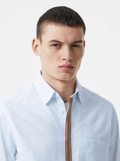 Shop Burberry Icon Stripe Detail Stretch Cotton Poplin Shirt In Pale Blue