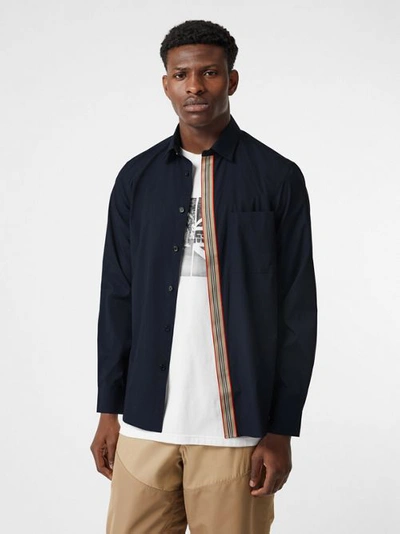 Shop Burberry Icon Stripe Detail Stretch Cotton Poplin Shirt In Navy