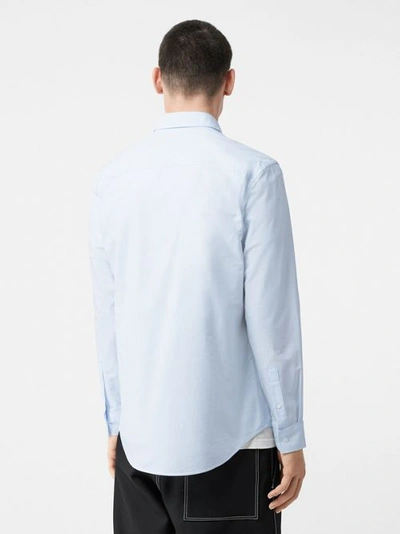 Shop Burberry Icon Stripe Detail Stretch Cotton Poplin Shirt In Pale Blue