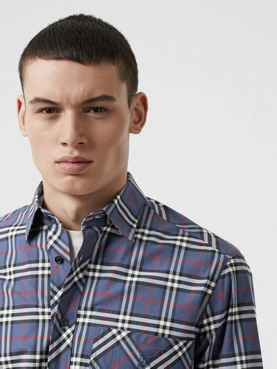 Shop Burberry Small Scale Check Stretch Cotton Shirt In Carbon Blue