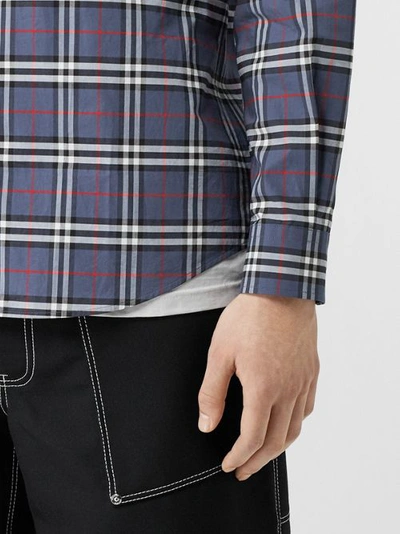 Shop Burberry Small Scale Check Stretch Cotton Shirt In Carbon Blue