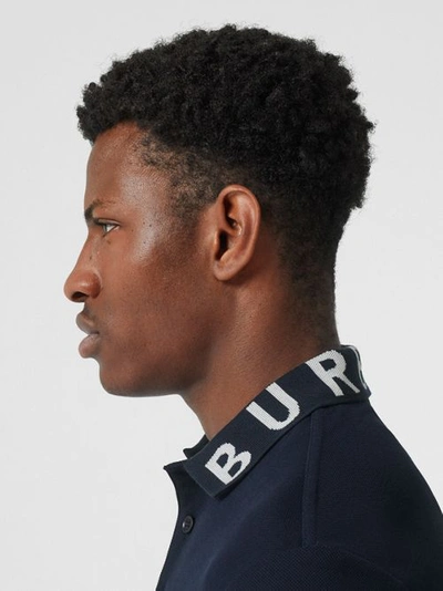 Shop Burberry Logo Intarsia Cotton Piqué Polo Shirt In Navy