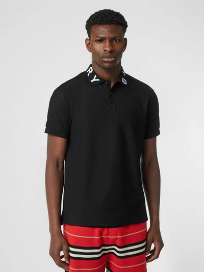 Shop Burberry Logo Intarsia Cotton Piqué Polo Shirt In Black
