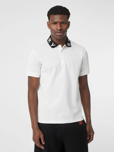 Shop Burberry Logo Intarsia Cotton Piqué Polo Shirt In White