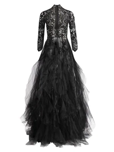 Shop Oscar De La Renta Deep V-neck Lace & Tulle Gown In Black
