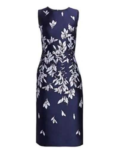 Shop Oscar De La Renta Embroidered Floral Knee-length Flare Dress In Navy