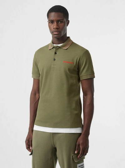 Shop Burberry Icon Stripe Detail Cotton Piqué Polo Shirt In Poplar Green