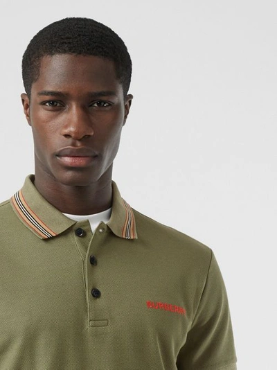 Shop Burberry Icon Stripe Detail Cotton Piqué Polo Shirt In Poplar Green