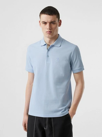 Shop Burberry Monogram Motif Cotton Piqué Polo Shirt In Pale Blue