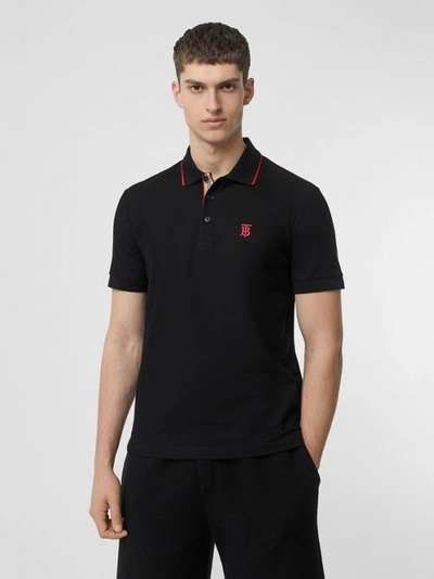 Shop Burberry Icon Stripe Placket Cotton Piqué Polo Shirt In Black