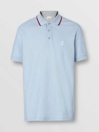 Shop Burberry Icon Stripe Placket Cotton Piqué Polo Shirt In Pale Blue
