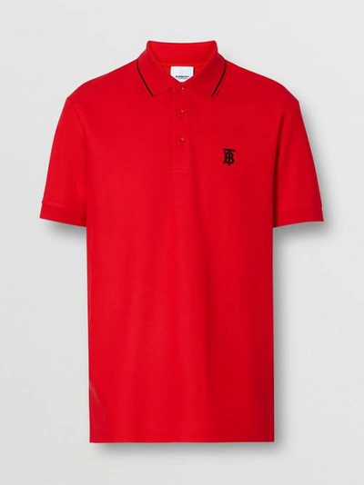 Shop Burberry Icon Stripe Placket Cotton Piqué Polo Shirt In Bright Red