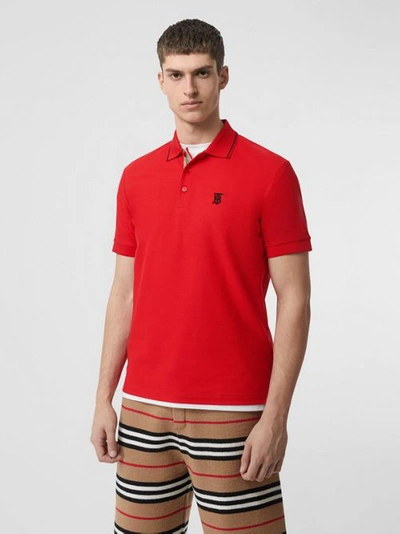 Shop Burberry Icon Stripe Placket Cotton Piqué Polo Shirt In Bright Red