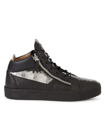Shop Giuseppe Zanotti Metallic Snakeskin High-top Sneakers In Black Silver