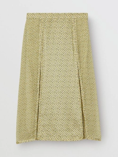 Shop Burberry Monogram Print Silk Pleated Skirt In Pale Yellow