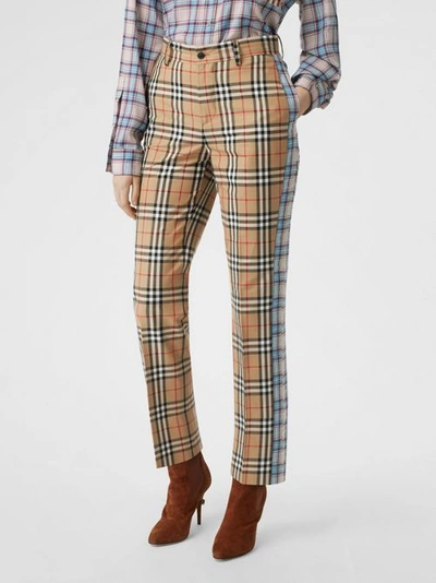 Shop Burberry Straight Fit Contrast Check Cotton Trousers In Archive Beige