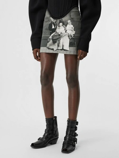 Shop Burberry Victorian Portrait Print Stretch Denim Mini Skirt In Grey