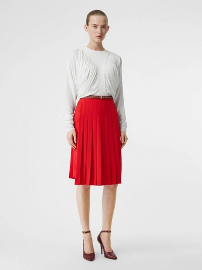 Shop Burberry Stretch Cady Pleated Skirt In Bright Red
