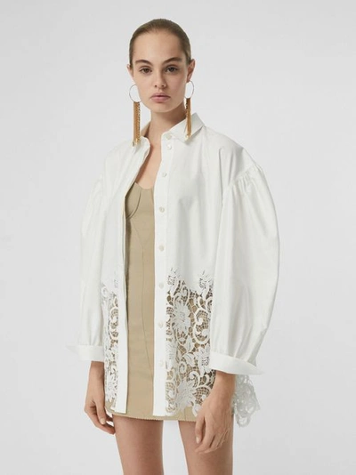 Shop Burberry Macramé Lace Panel Cotton Oxford Oversized Shirt In White