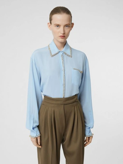 Shop Burberry Ring-pierced Silk Crepe Shirt In Pale Blue