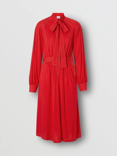 Shop Burberry Topstitch Detail Jersey Tie-neck Dress In Bright Red