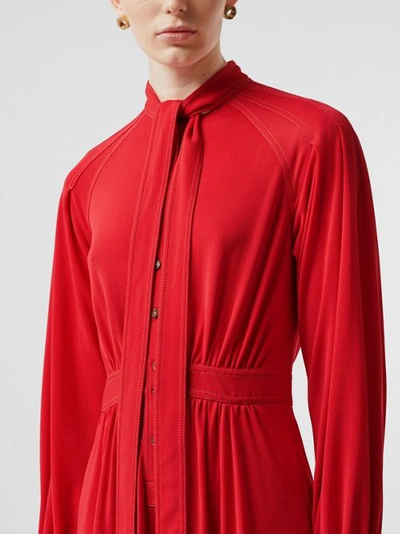 Shop Burberry Topstitch Detail Jersey Tie-neck Dress In Bright Red