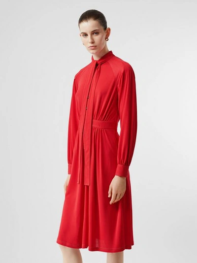 Shop Burberry Topstitch Detail Jersey Tie-neck Dress In Bright Red