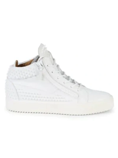 Shop Giuseppe Zanotti Studded Leather Mid-top Sneakers In Bianco