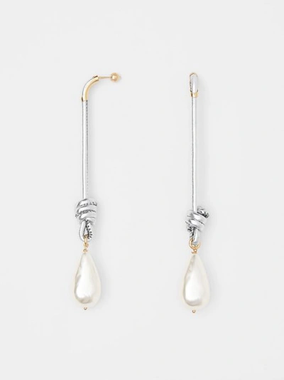 Shop Burberry Faux Pearl Detail Leather Drop Earrings In Light Gold/silver
